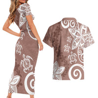 Polynesia Couples Matching Short Sleeve Bodycon Dress and Hawaiian Shirt Brown Tribal Turtle Floral Pattern