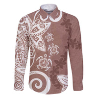 Polynesia Family Matching Off The Shoulder Long Sleeve Dress and Hawaiian Shirt Brown Tribal Turtle Floral Pattern