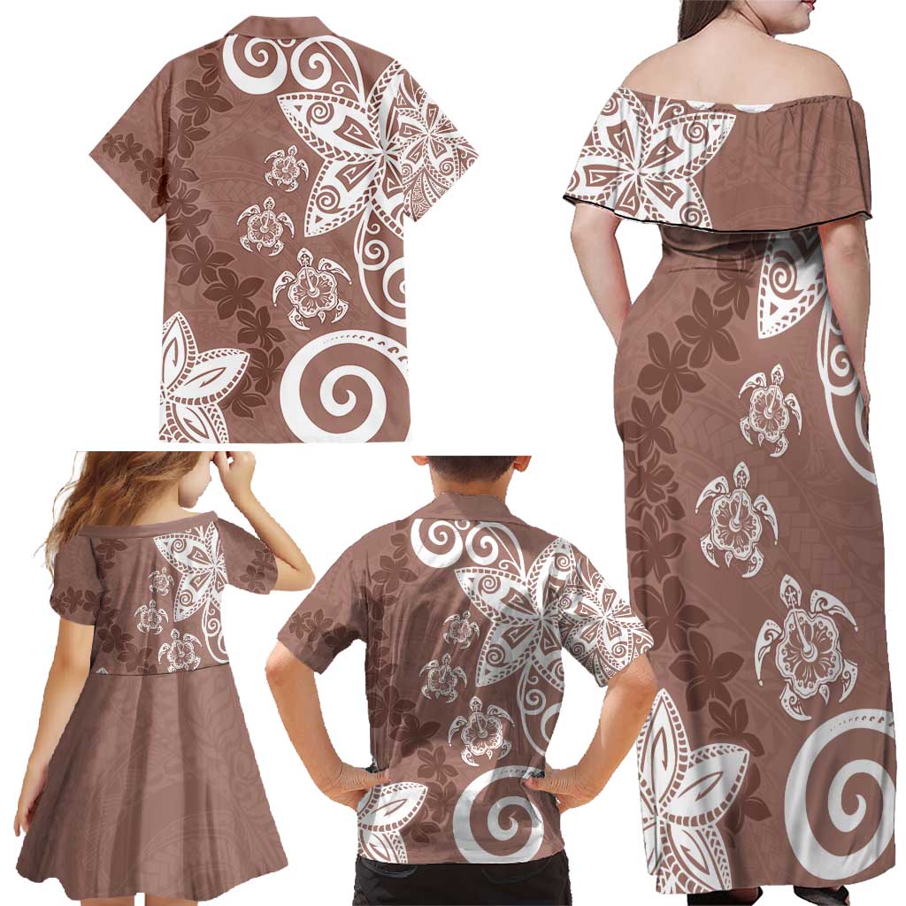 Polynesia Family Matching Off Shoulder Maxi Dress and Hawaiian Shirt Brown Tribal Turtle Floral Pattern