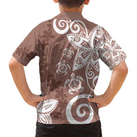Polynesia Family Matching Off Shoulder Short Dress and Hawaiian Shirt Brown Tribal Turtle Floral Pattern