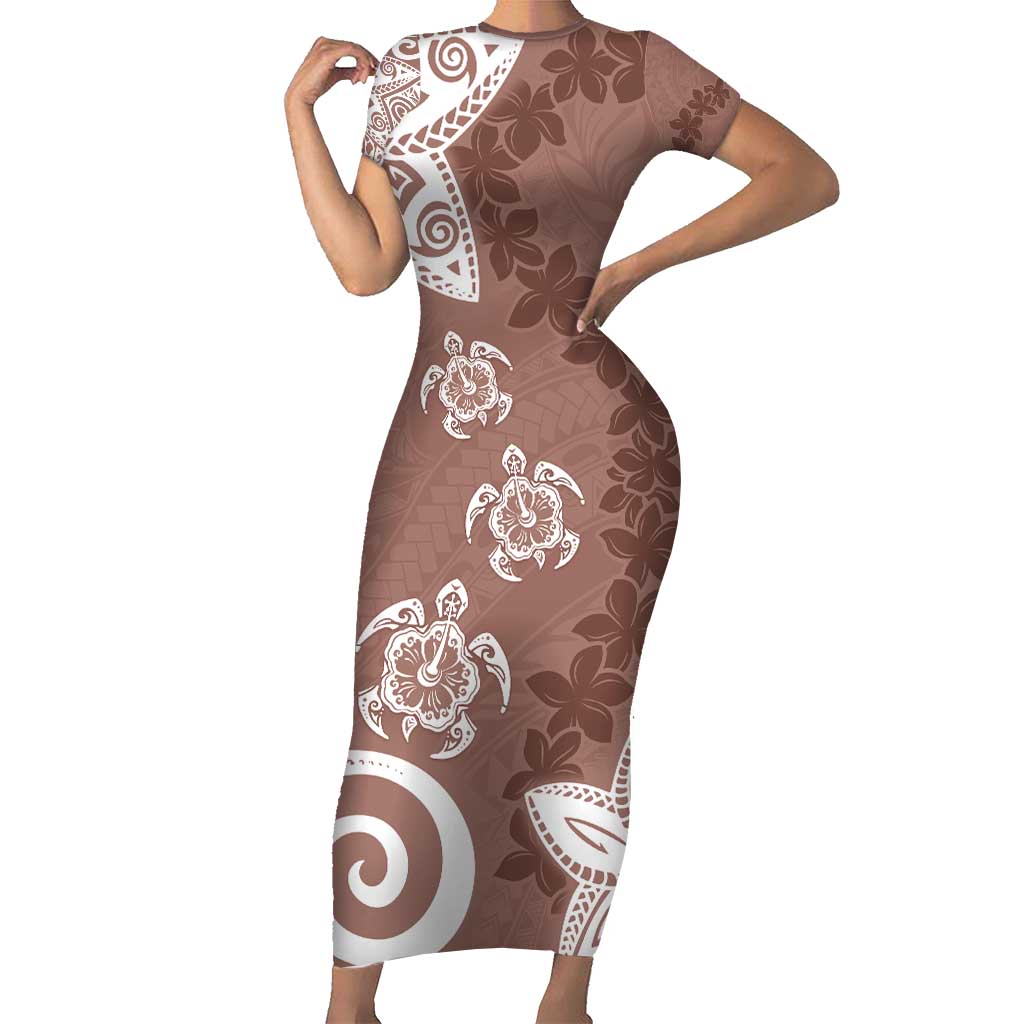 Polynesia Short Sleeve Bodycon Dress Brown Tribal Turtle Floral Pattern LT05 Long Dress Brown - Polynesian Pride