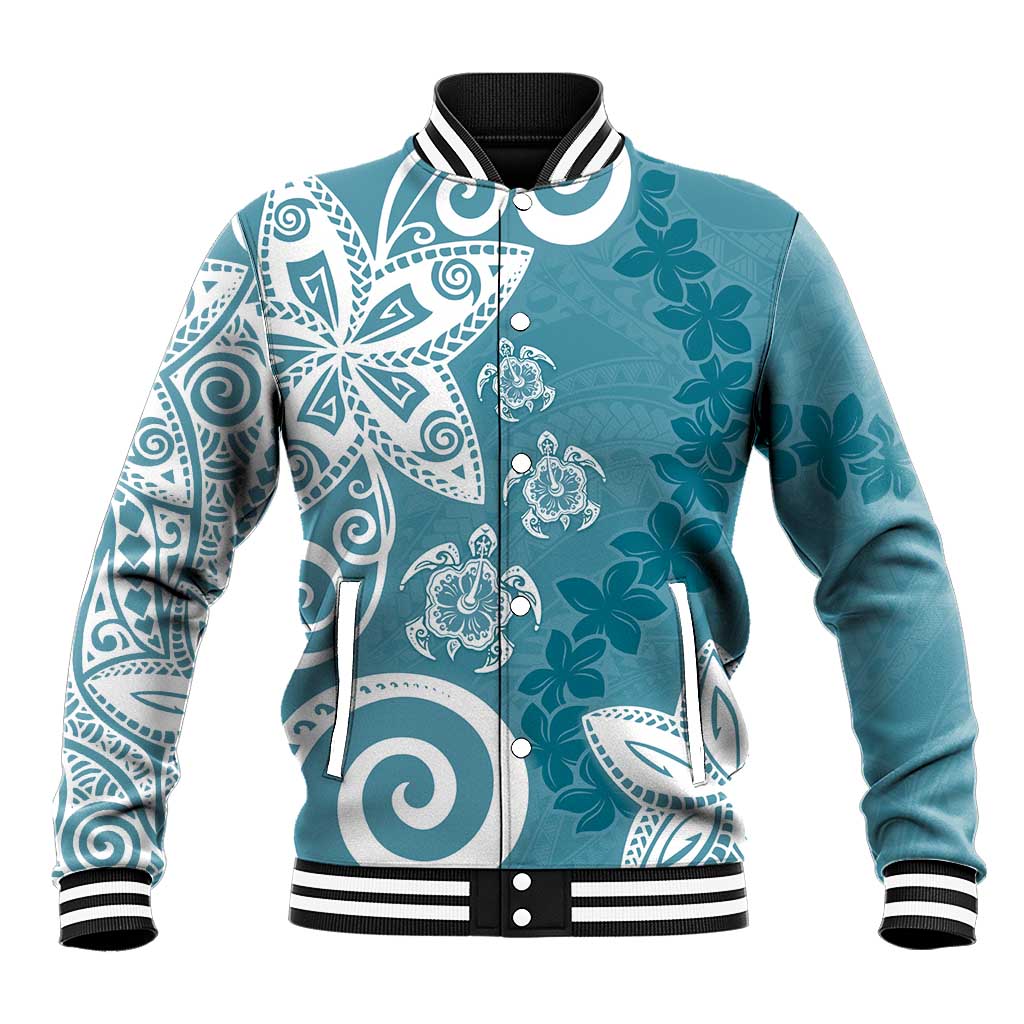 Polynesia Baseball Jacket Hippie Blue Tribal Turtle Floral Pattern LT05 Unisex Blue - Polynesian Pride