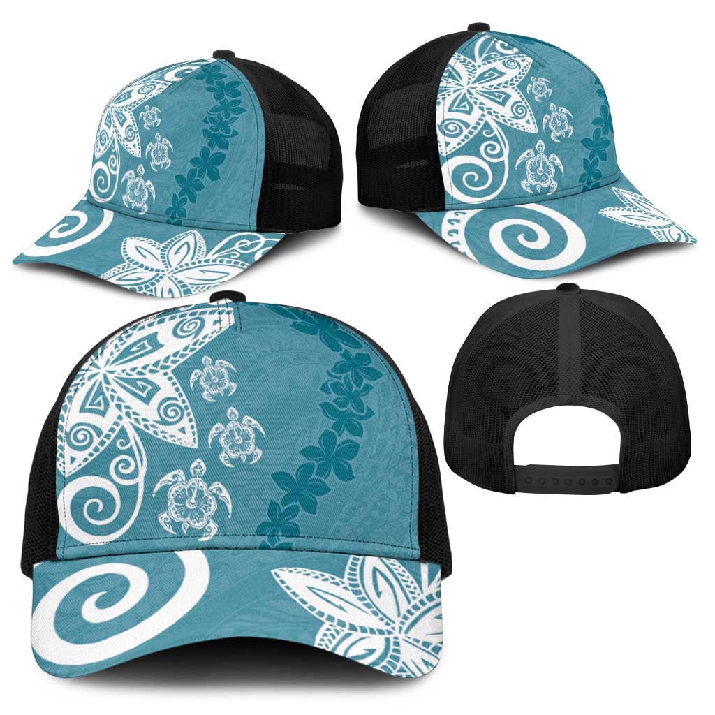 Polynesia Baseball Net Cap Hippie Blue Tribal Turtle Floral Pattern - Polynesian Pride