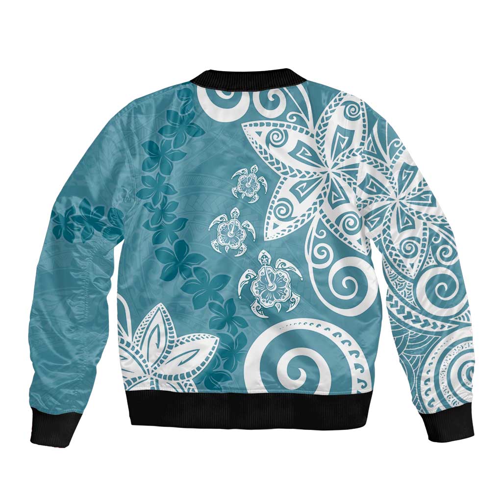 Polynesia Bomber Jacket Hippie Blue Tribal Turtle Floral Pattern