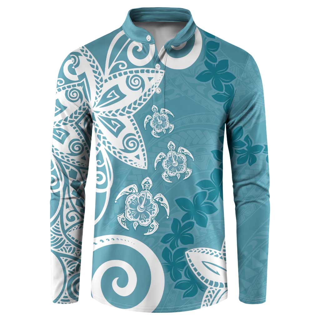 Polynesia Button Sweatshirt Hippie Blue Tribal Turtle Floral Pattern