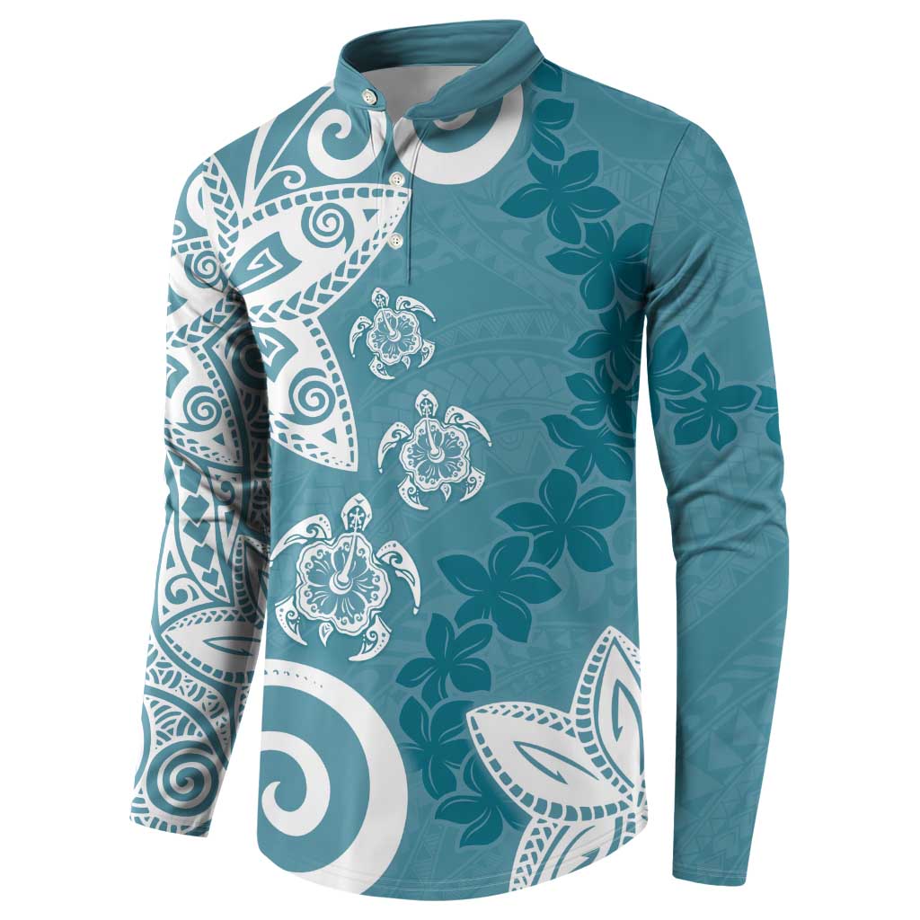 Polynesia Button Sweatshirt Hippie Blue Tribal Turtle Floral Pattern