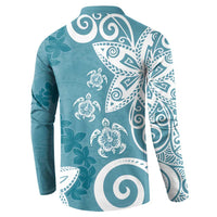 Polynesia Button Sweatshirt Hippie Blue Tribal Turtle Floral Pattern