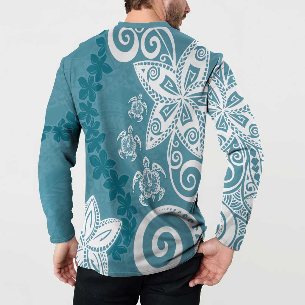 Polynesia Button Sweatshirt Hippie Blue Tribal Turtle Floral Pattern