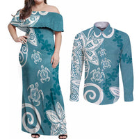 Polynesia Couples Matching Off Shoulder Maxi Dress and Long Sleeve Button Shirt Hippie Blue Tribal Turtle Floral Pattern LT05 Blue - Polynesian Pride