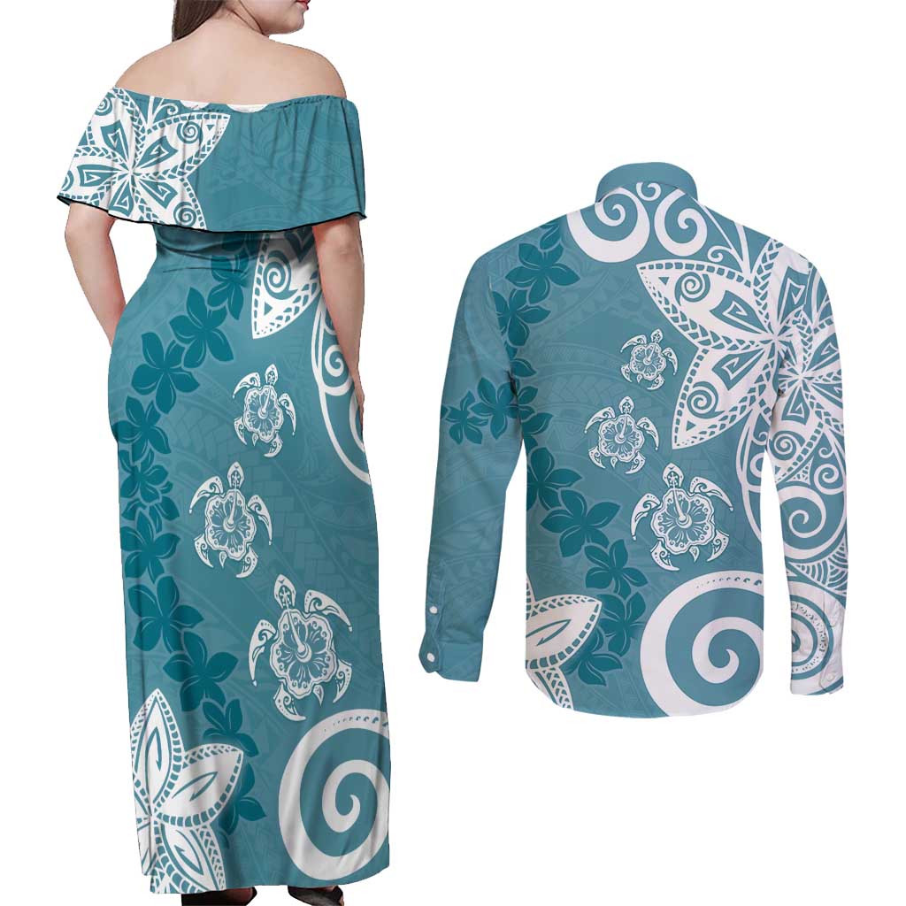 Polynesia Couples Matching Off Shoulder Maxi Dress and Long Sleeve Button Shirt Hippie Blue Tribal Turtle Floral Pattern LT05 - Polynesian Pride