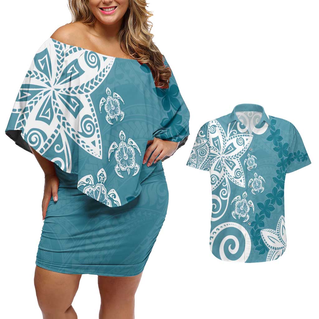 Polynesia Couples Matching Off Shoulder Short Dress and Hawaiian Shirt Hippie Blue Tribal Turtle Floral Pattern