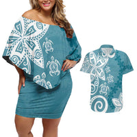 Polynesia Couples Matching Off Shoulder Short Dress and Hawaiian Shirt Hippie Blue Tribal Turtle Floral Pattern