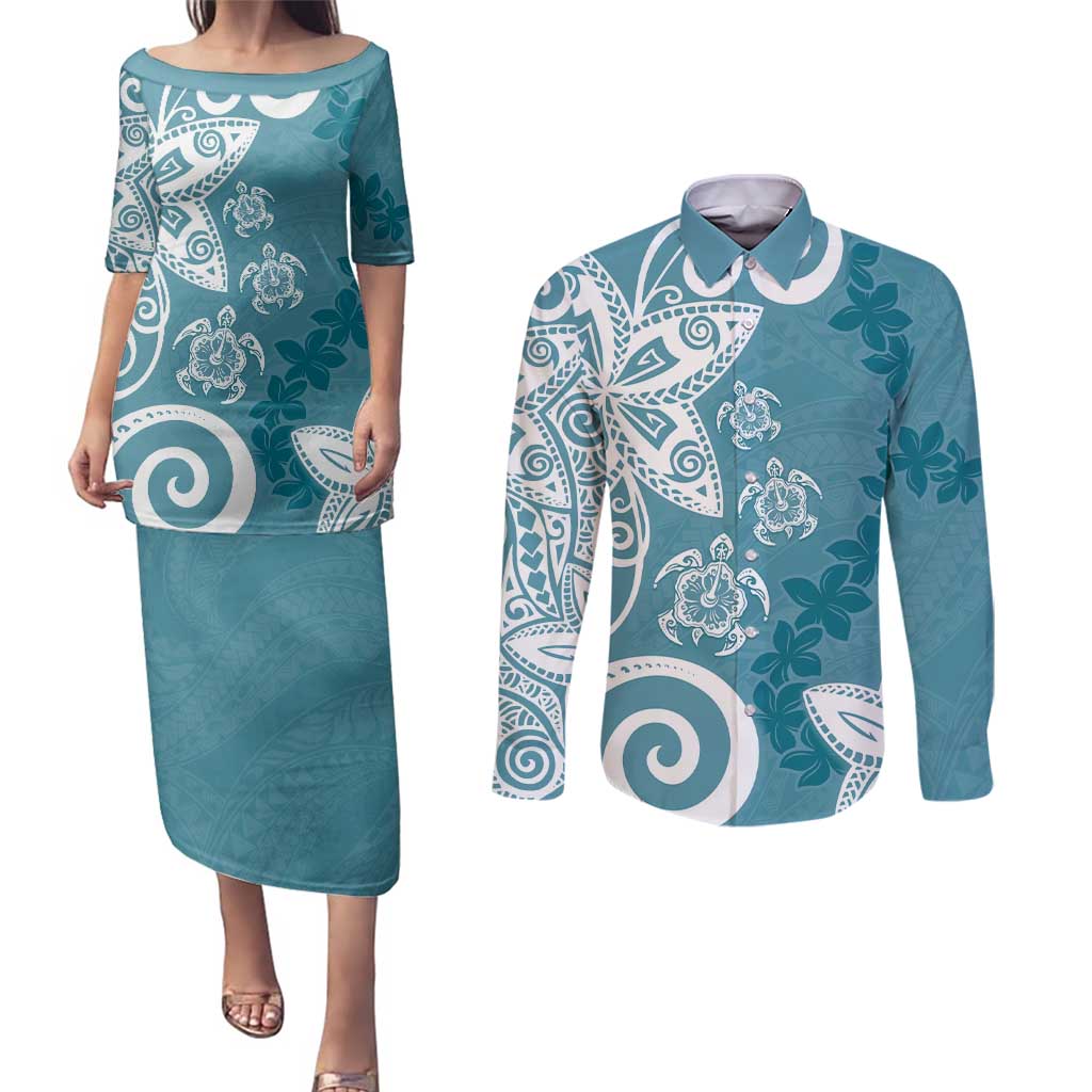 Polynesia Couples Matching Puletasi and Long Sleeve Button Shirt Hippie Blue Tribal Turtle Floral Pattern LT05 Blue - Polynesian Pride