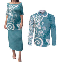 Polynesia Couples Matching Puletasi and Long Sleeve Button Shirt Hippie Blue Tribal Turtle Floral Pattern LT05 Blue - Polynesian Pride