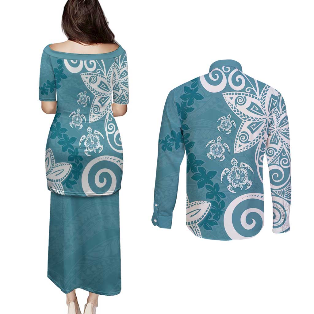 Polynesia Couples Matching Puletasi and Long Sleeve Button Shirt Hippie Blue Tribal Turtle Floral Pattern LT05 - Polynesian Pride