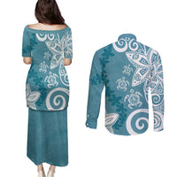 Polynesia Couples Matching Puletasi and Long Sleeve Button Shirt Hippie Blue Tribal Turtle Floral Pattern LT05 - Polynesian Pride