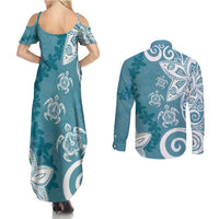 Polynesia Couples Matching Summer Maxi Dress and Long Sleeve Button Shirt Hippie Blue Tribal Turtle Floral Pattern LT05 - Polynesian Pride