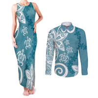 Polynesia Couples Matching Tank Maxi Dress and Long Sleeve Button Shirt Hippie Blue Tribal Turtle Floral Pattern LT05 Blue - Polynesian Pride