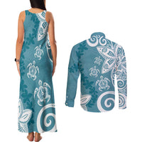 Polynesia Couples Matching Tank Maxi Dress and Long Sleeve Button Shirt Hippie Blue Tribal Turtle Floral Pattern LT05 - Polynesian Pride