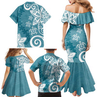 Polynesia Family Matching Mermaid Dress and Hawaiian Shirt Hippie Blue Tribal Turtle Floral Pattern