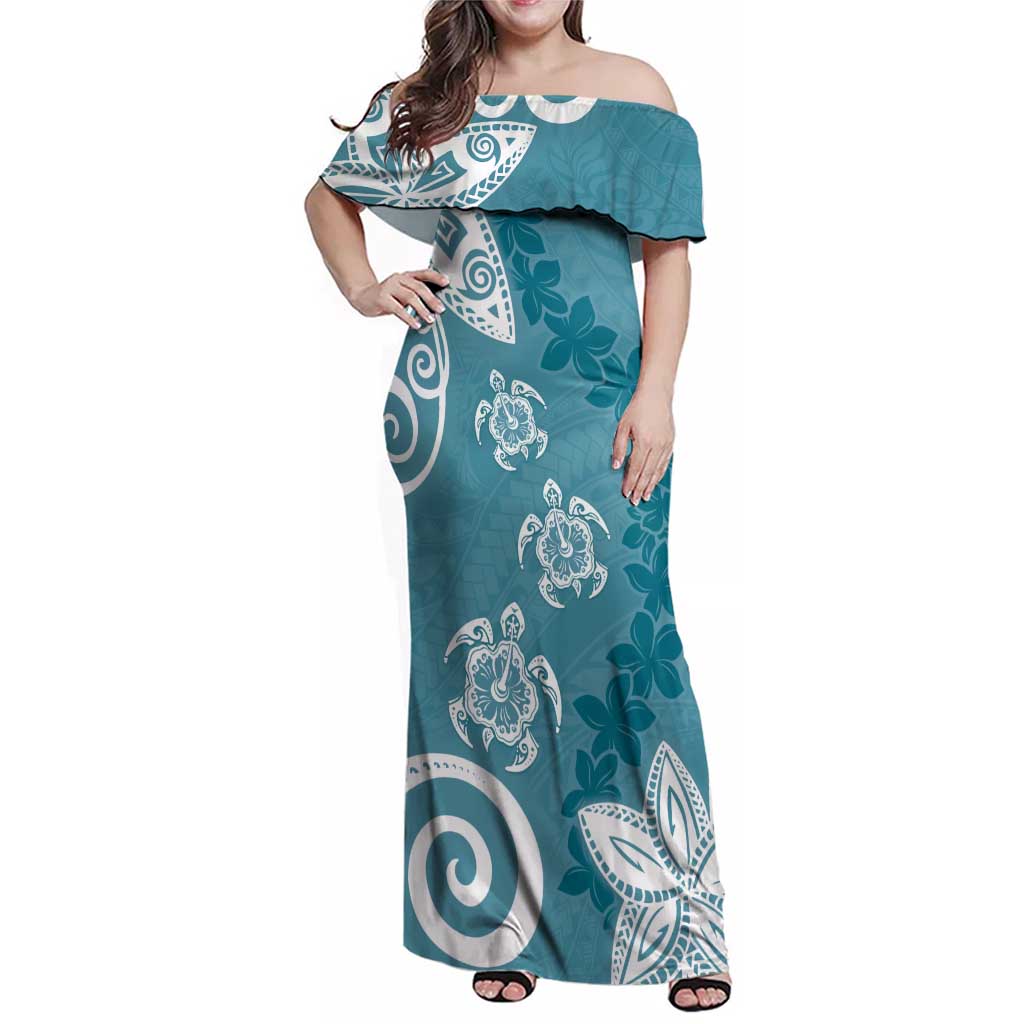 Polynesia Family Matching Off Shoulder Maxi Dress and Hawaiian Shirt Hippie Blue Tribal Turtle Floral Pattern
