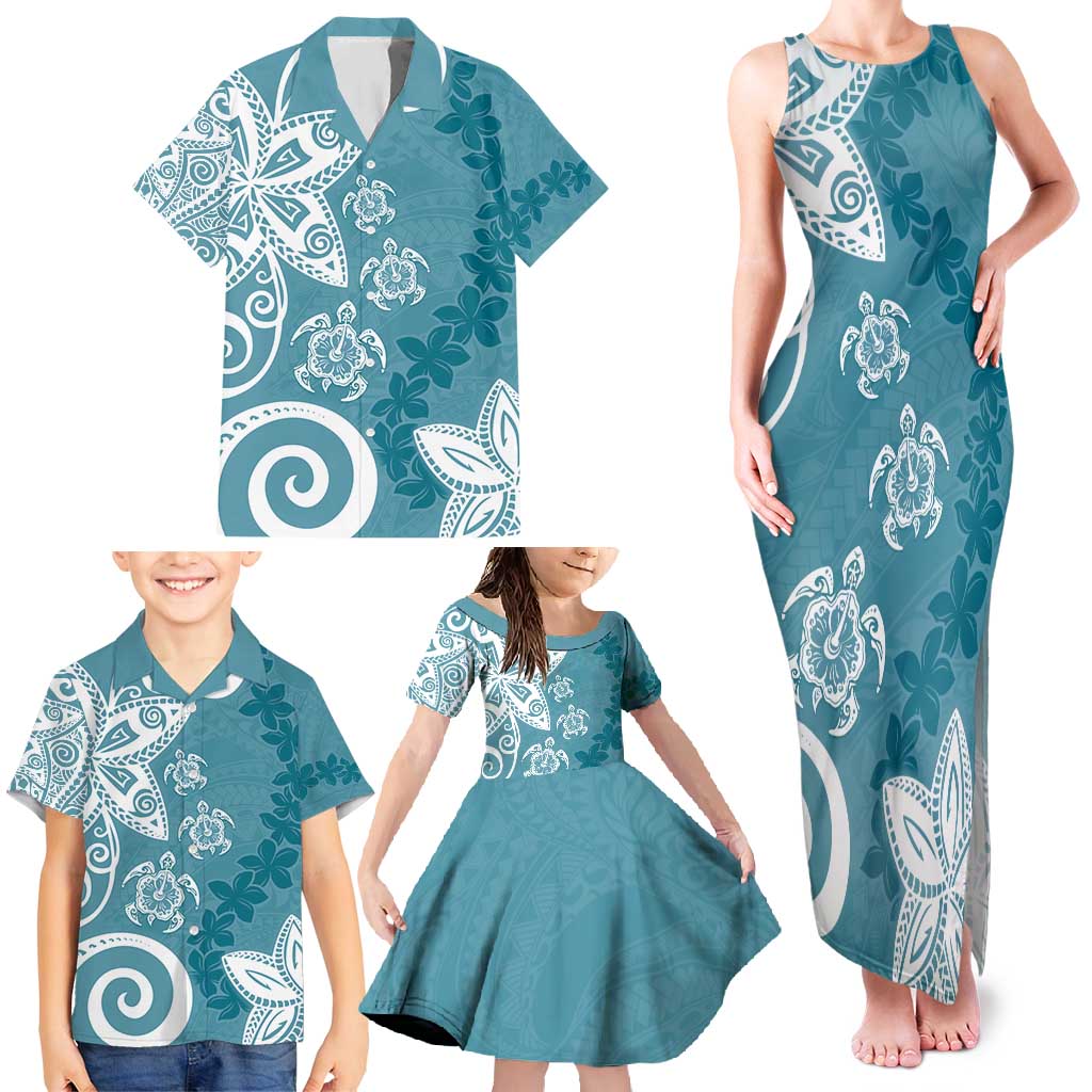 Polynesia Family Matching Tank Maxi Dress and Hawaiian Shirt Hippie Blue Tribal Turtle Floral Pattern