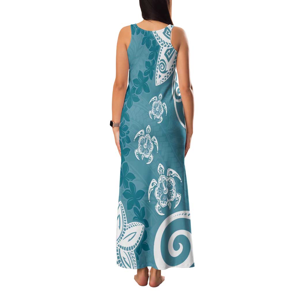 Polynesia Family Matching Tank Maxi Dress and Hawaiian Shirt Hippie Blue Tribal Turtle Floral Pattern