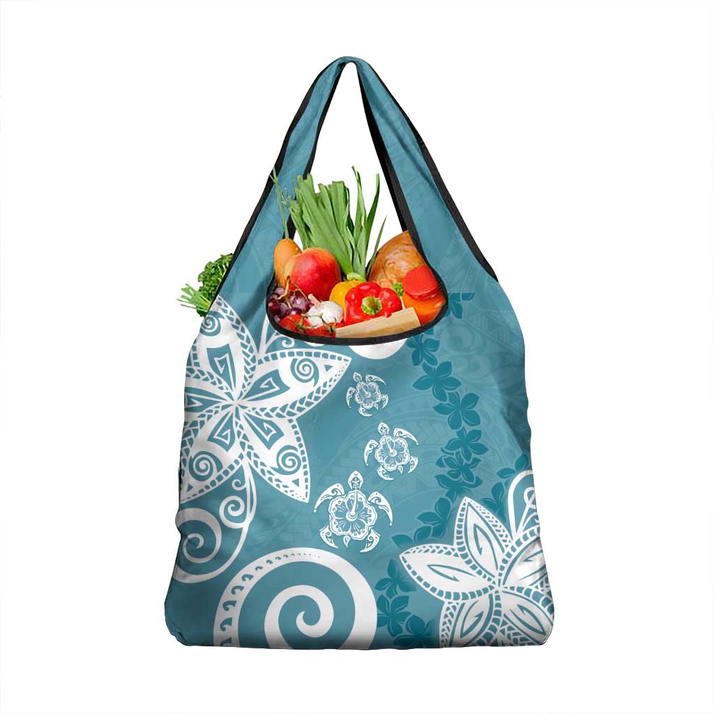 Polynesia Grocery Bag Hippie Blue Tribal Turtle Floral Pattern