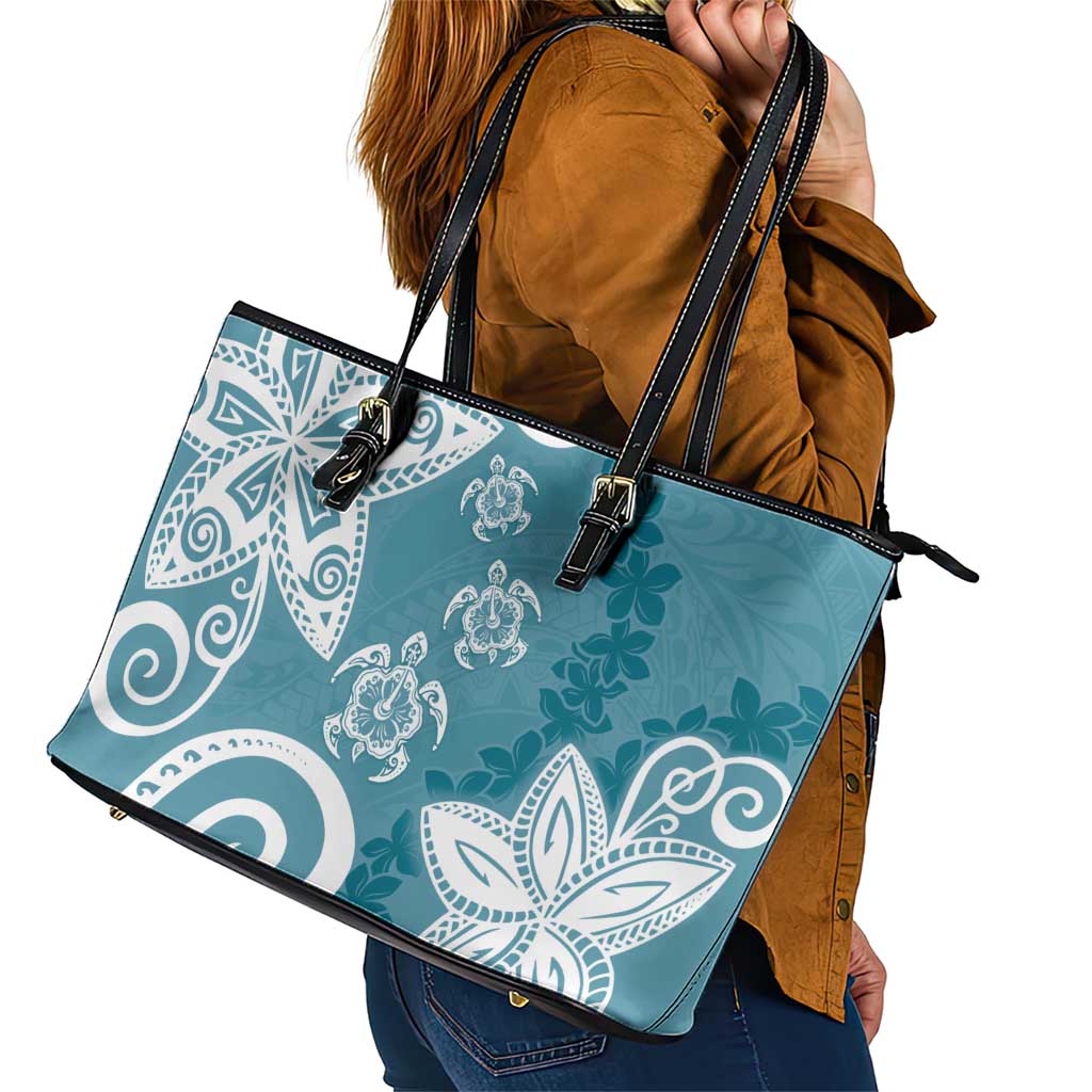 Polynesia Leather Tote Bag Hippie Blue Tribal Turtle Floral Pattern