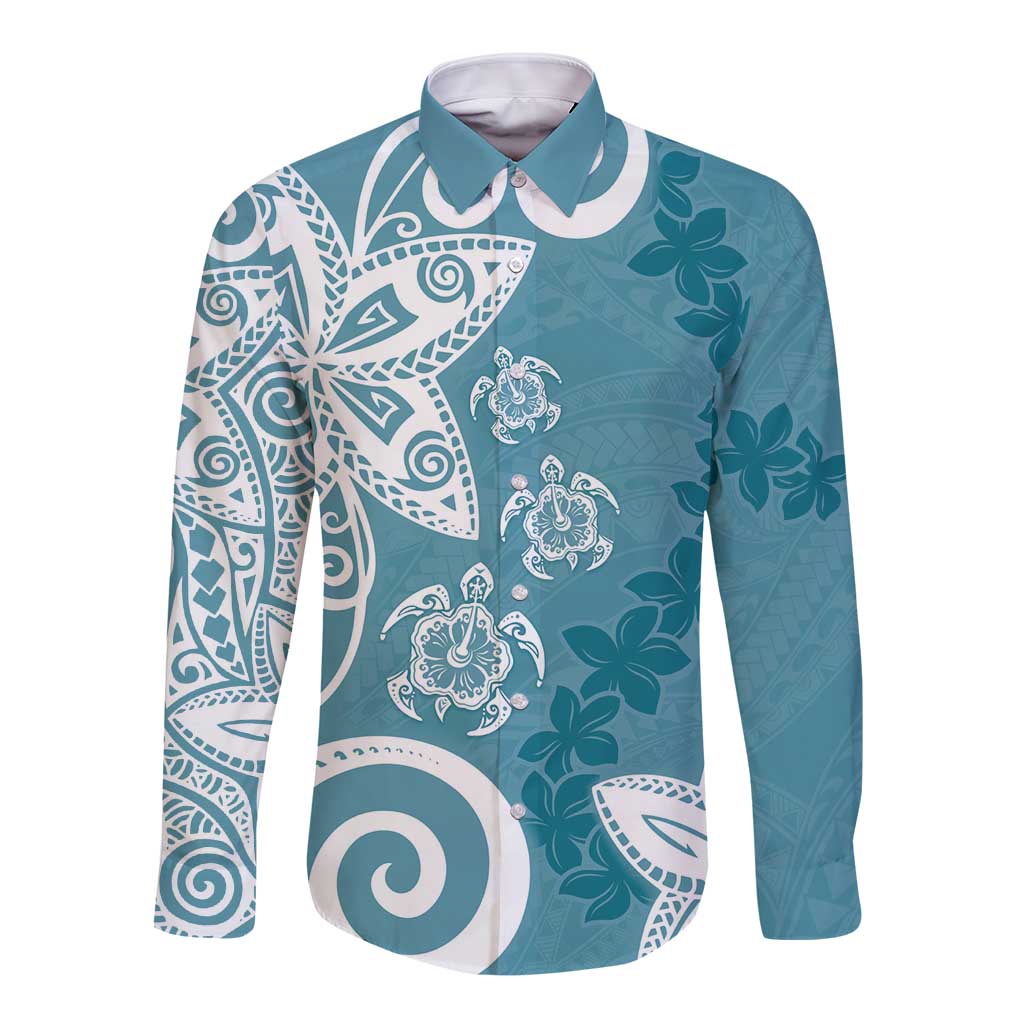 Polynesia Long Sleeve Button Shirt Hippie Blue Tribal Turtle Floral Pattern