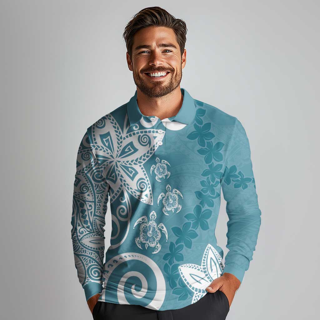 Polynesia Long Sleeve Polo Shirt Hippie Blue Tribal Turtle Floral Pattern