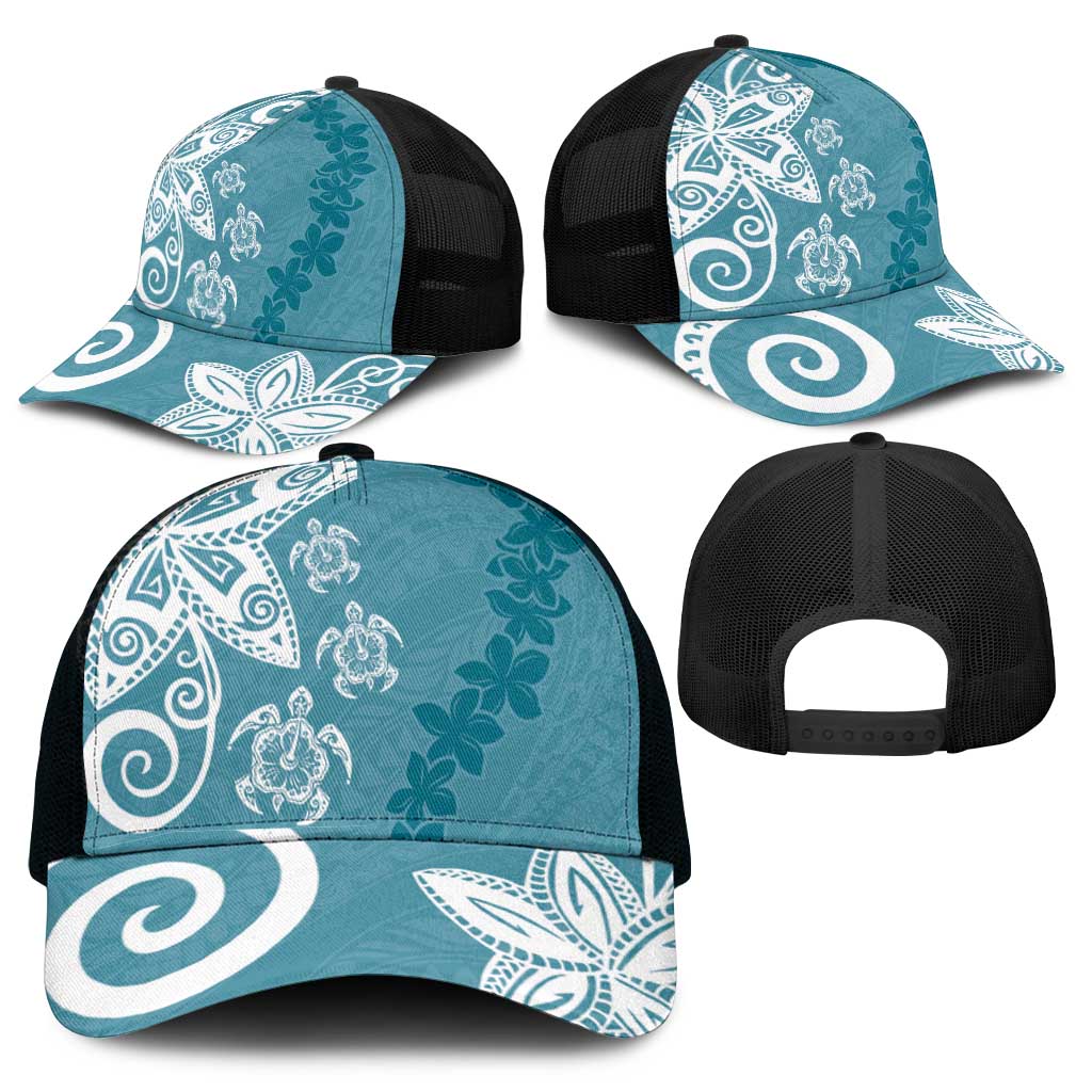 Polynesia Mesh Trucker Cap Hippie Blue Tribal Turtle Floral Pattern - Polynesian Pride