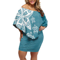 Polynesia Off Shoulder Short Dress Hippie Blue Tribal Turtle Floral Pattern LT05 Women Blue - Polynesian Pride