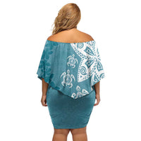 Polynesia Off Shoulder Short Dress Hippie Blue Tribal Turtle Floral Pattern LT05 - Polynesian Pride