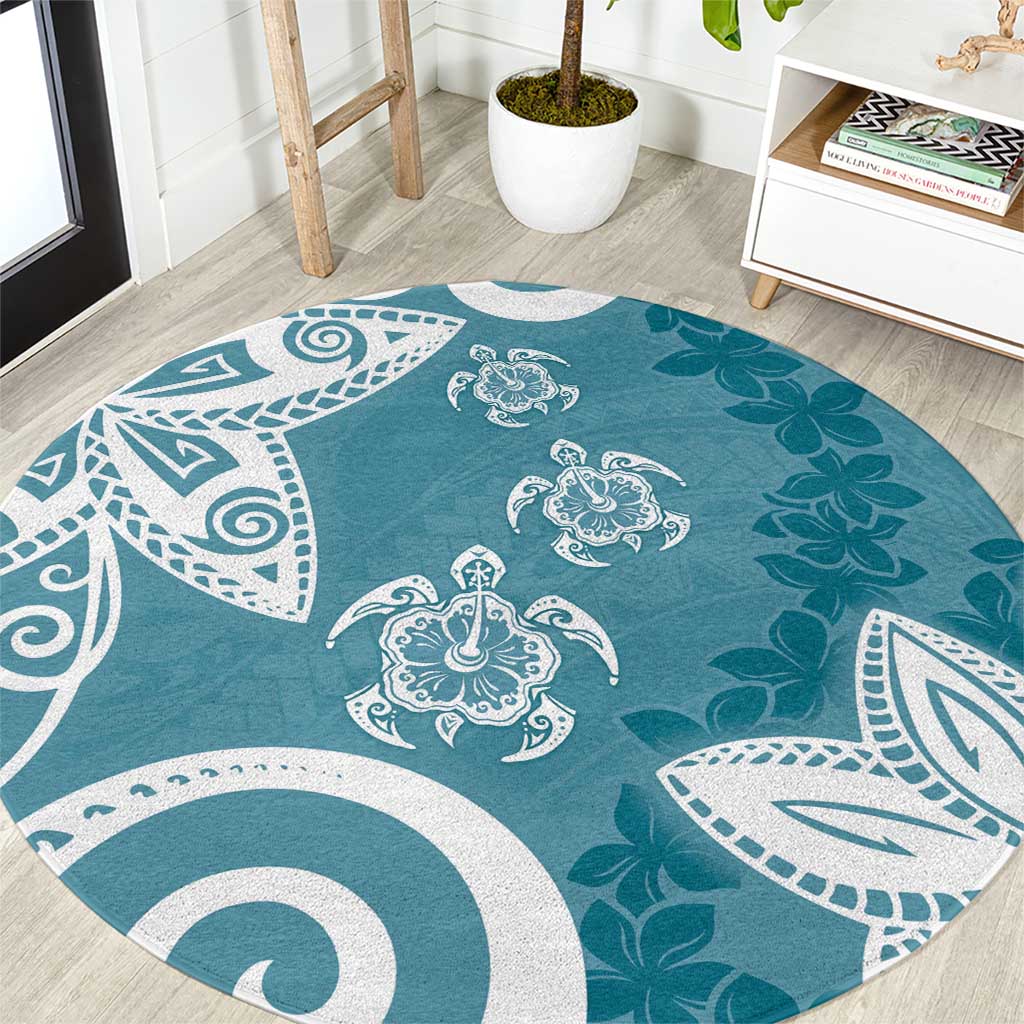 Polynesia Round Carpet Hippie Blue Tribal Turtle Floral Pattern LT05 Blue - Polynesian Pride