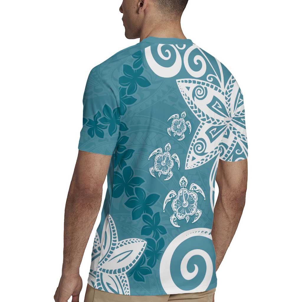Polynesia Rugby Jersey Hippie Blue Tribal Turtle Floral Pattern