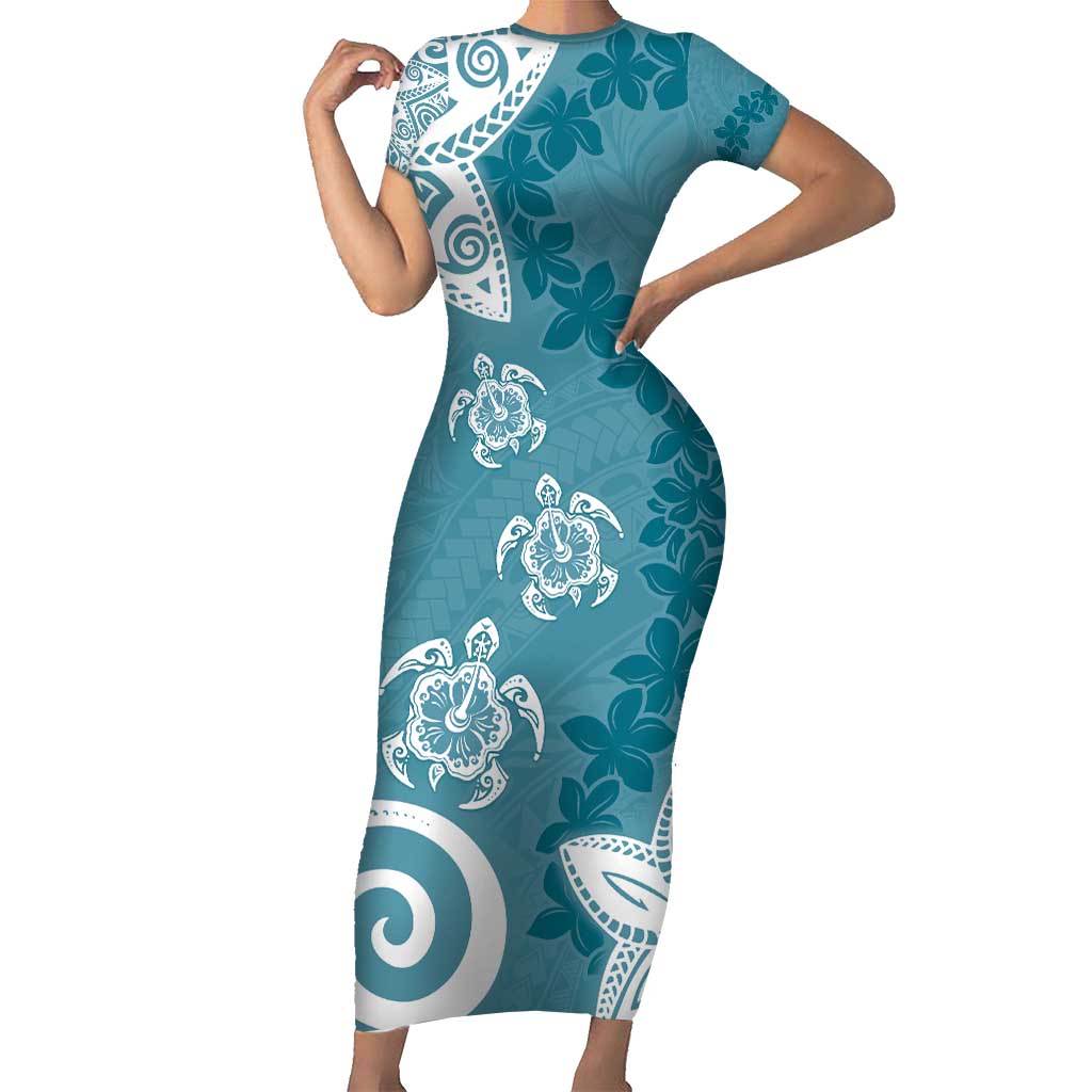 Polynesia Short Sleeve Bodycon Dress Hippie Blue Tribal Turtle Floral Pattern LT05 Long Dress Blue - Polynesian Pride