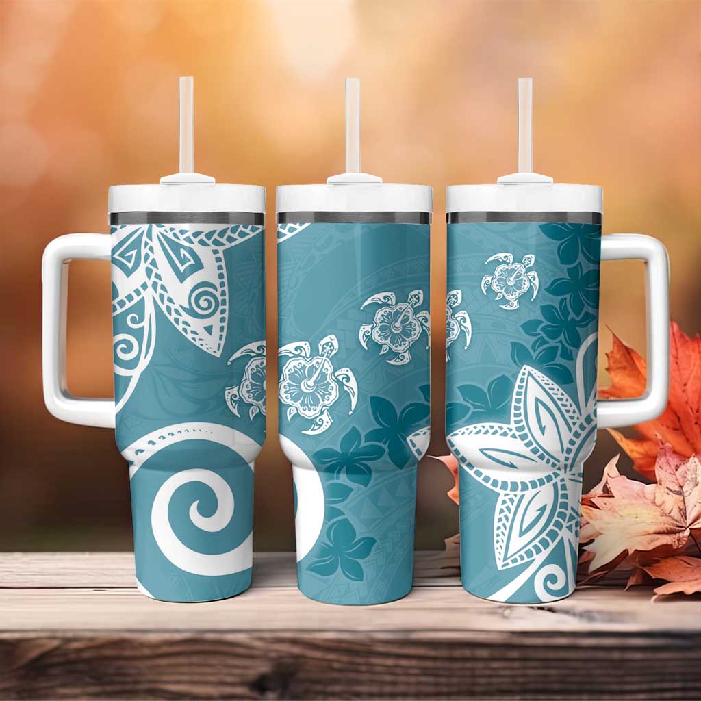 Polynesia Tumbler With Handle Hippie Blue Tribal Turtle Floral Pattern