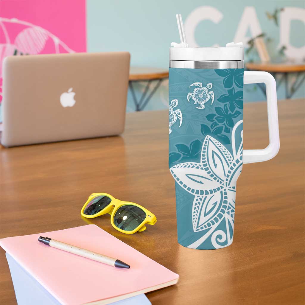 Polynesia Tumbler With Handle Hippie Blue Tribal Turtle Floral Pattern