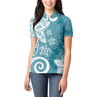Polynesia Women Polo Shirt Hippie Blue Tribal Turtle Floral Pattern