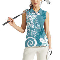 Polynesia Women Sleeveless Polo Shirt Hippie Blue Tribal Turtle Floral Pattern