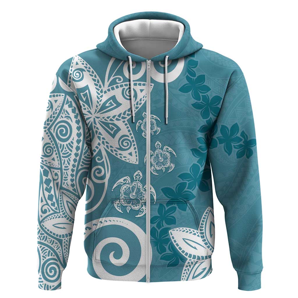 Polynesia Zip Hoodie Hippie Blue Tribal Turtle Floral Pattern