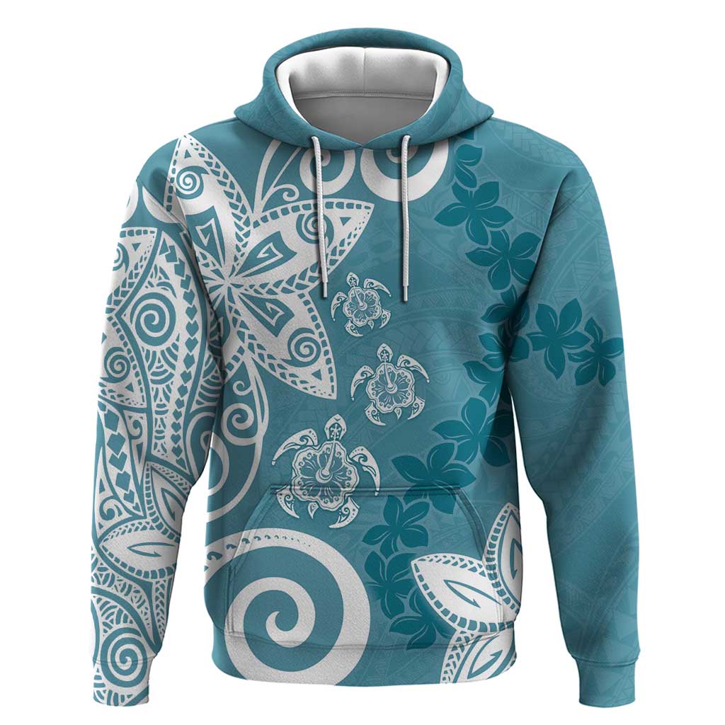 Polynesia Zip Hoodie Hippie Blue Tribal Turtle Floral Pattern