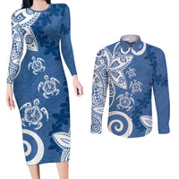 Polynesia Couples Matching Long Sleeve Bodycon Dress and Long Sleeve Button Shirt Blue Tribal Turtle Floral Pattern LT05 Blue - Polynesian Pride