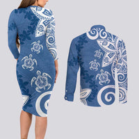 Polynesia Couples Matching Long Sleeve Bodycon Dress and Long Sleeve Button Shirt Blue Tribal Turtle Floral Pattern LT05 - Polynesian Pride