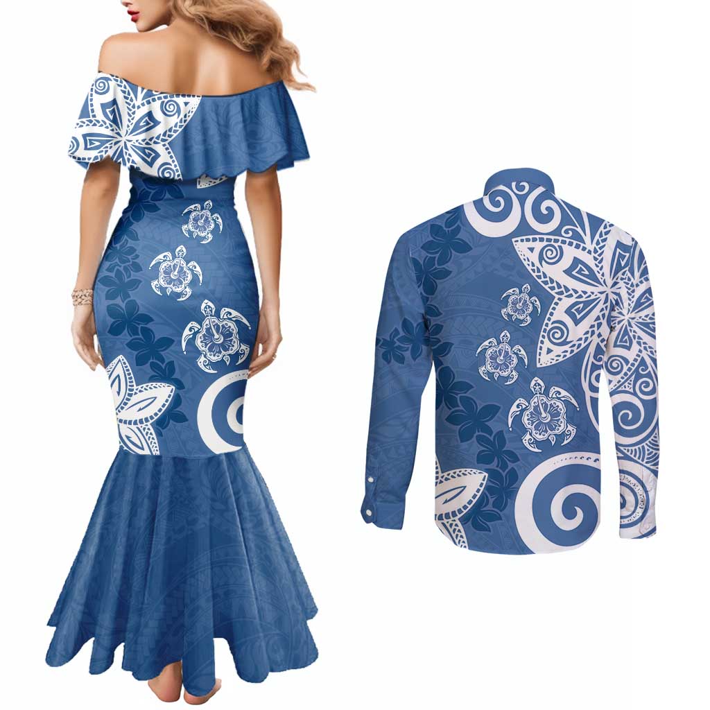 Polynesia Couples Matching Mermaid Dress and Long Sleeve Button Shirt Blue Tribal Turtle Floral Pattern LT05 - Polynesian Pride