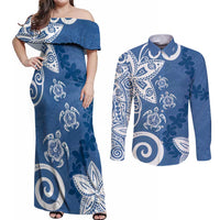 Polynesia Couples Matching Off Shoulder Maxi Dress and Long Sleeve Button Shirt Blue Tribal Turtle Floral Pattern LT05 Blue - Polynesian Pride