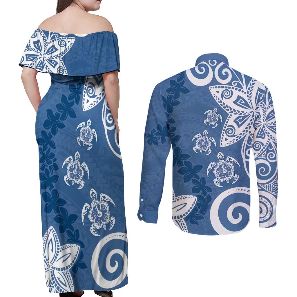 Polynesia Couples Matching Off Shoulder Maxi Dress and Long Sleeve Button Shirt Blue Tribal Turtle Floral Pattern LT05 - Polynesian Pride
