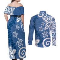 Polynesia Couples Matching Off Shoulder Maxi Dress and Long Sleeve Button Shirt Blue Tribal Turtle Floral Pattern LT05 - Polynesian Pride