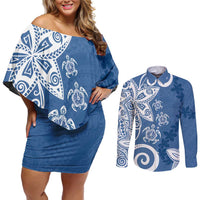 Polynesia Couples Matching Off Shoulder Short Dress and Long Sleeve Button Shirt Blue Tribal Turtle Floral Pattern LT05 Blue - Polynesian Pride